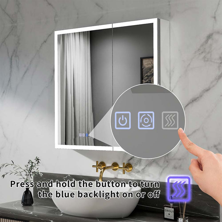 30x30 medicine cabinet blue backlit touch buttons