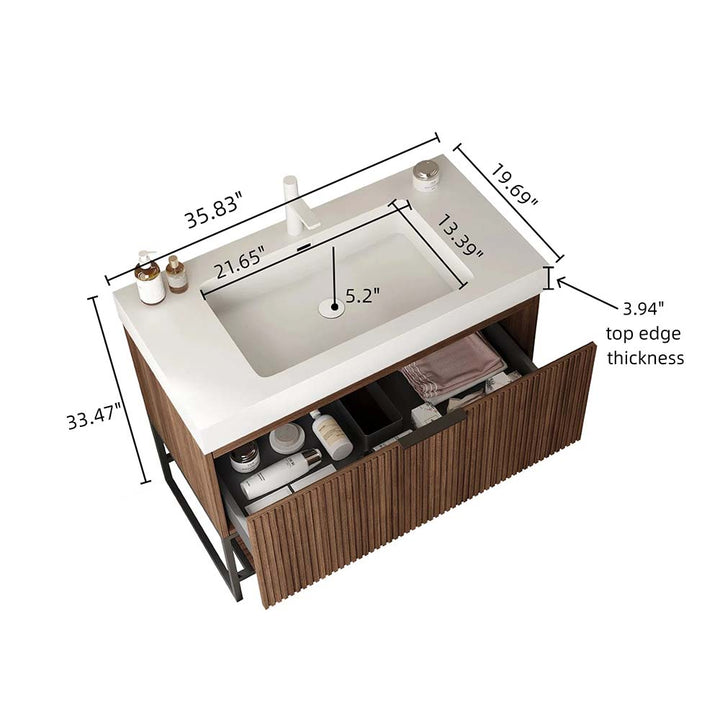 36" Walnut Finish modern sink with drawer storage dimensions