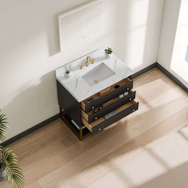 36 inch black modern bathroom vanity side open