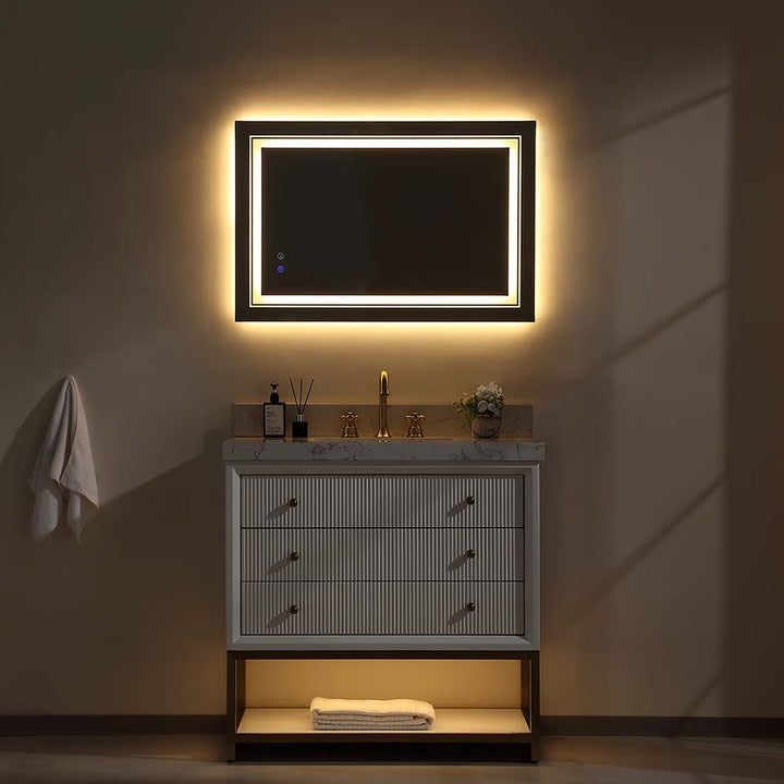 36 inch white modern bathroom vanity night front closed