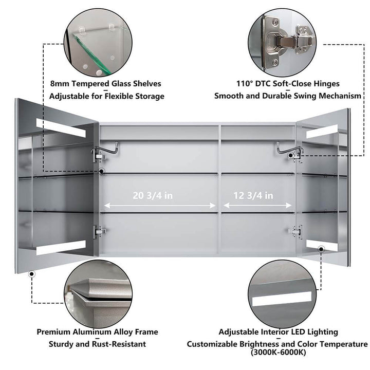 36x24 inch led medicine cabinet open view interior details