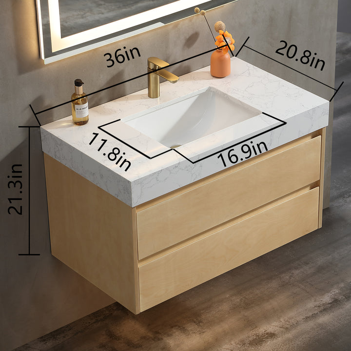 36'' Wall Mounted Single Bathroom Vanity with Engineered Stone Top - Modland