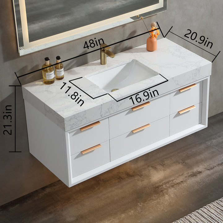 48'' Wall Mounted Single Bathroom Vanity with Engineered Stone Top - Modland