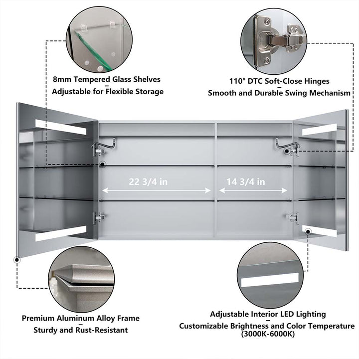 40x24 inch led medicine cabinet open view interior details