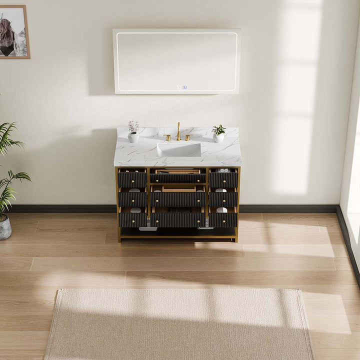 48 inch luxury modern black double sink vanity open drawers front angle