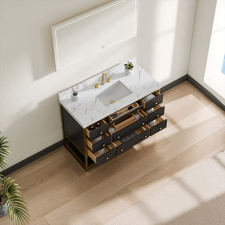 48 inch luxury modern black double sink vanity open drawers