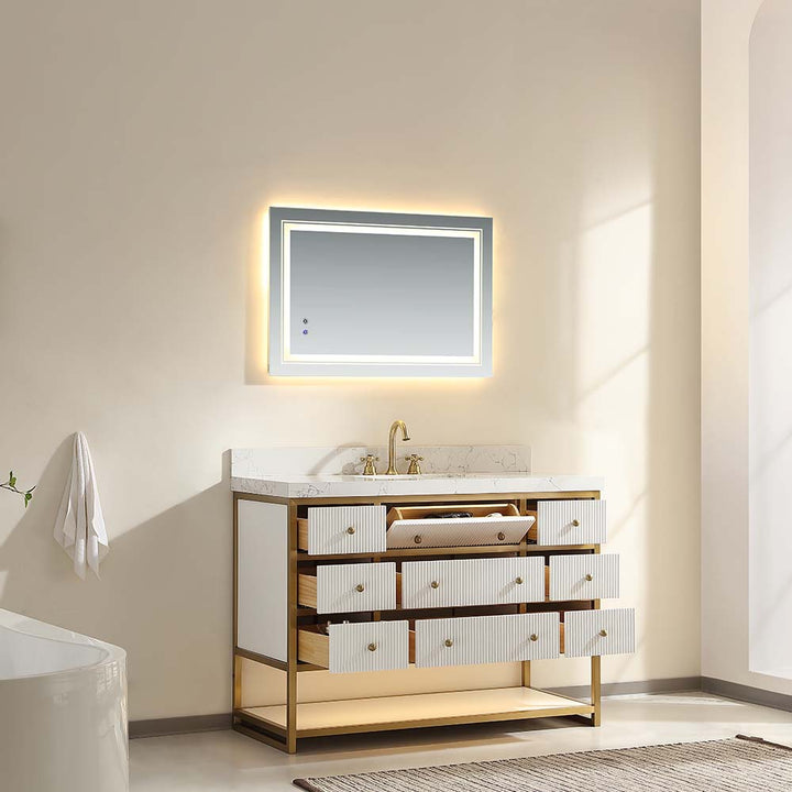 48 inch luxury modern white double sink white vanity open drawers bathroom