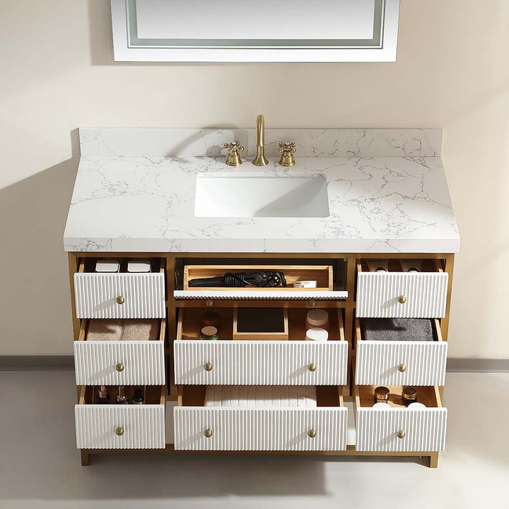 48 inch luxury modern white double sink white vanity open drawers front angle