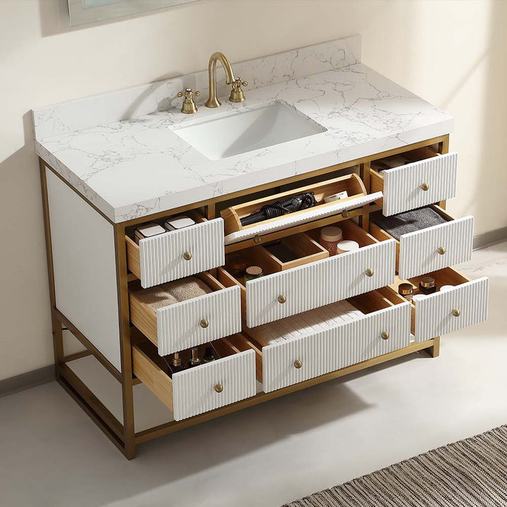 48 inch luxury modern white double sink white vanity open drawers