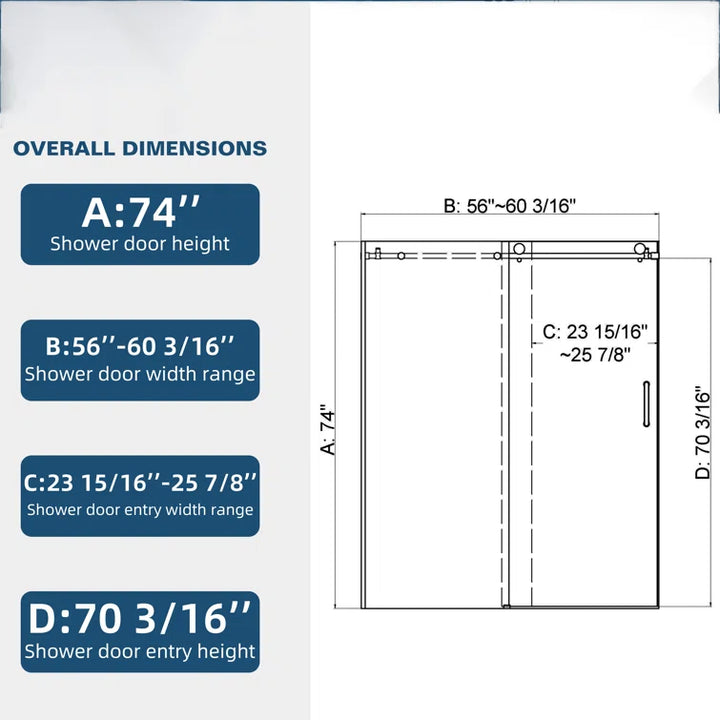 Modland 70" x 60" Single Sliding Frameless Shower Door Tempered Glass - Modland