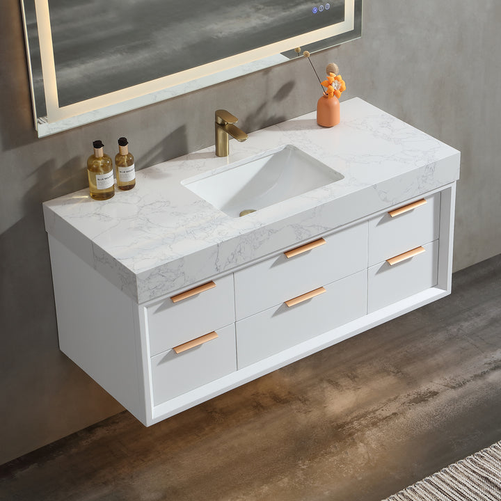 48'' Wall Mounted Single Bathroom Vanity with Engineered Stone Top - Modland