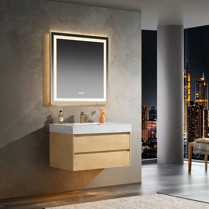 36'' Wall Mounted Single Bathroom Vanity with Engineered Stone Top - Modland