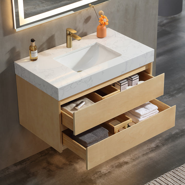 36'' Wall Mounted Single Bathroom Vanity with Engineered Stone Top - Modland