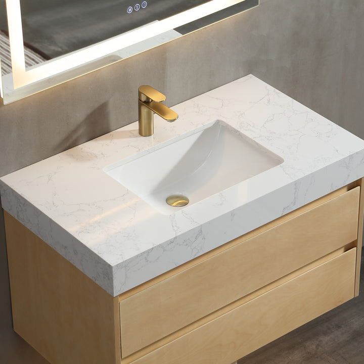 36'' Wall Mounted Single Bathroom Vanity with Engineered Stone Top - Modland