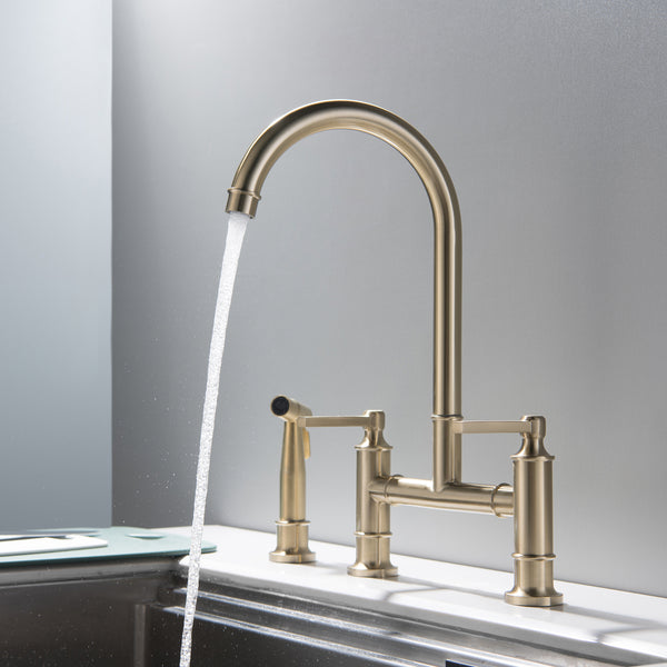 Double Handle High-Arc Bridge Kitchen Faucet With Side Spray