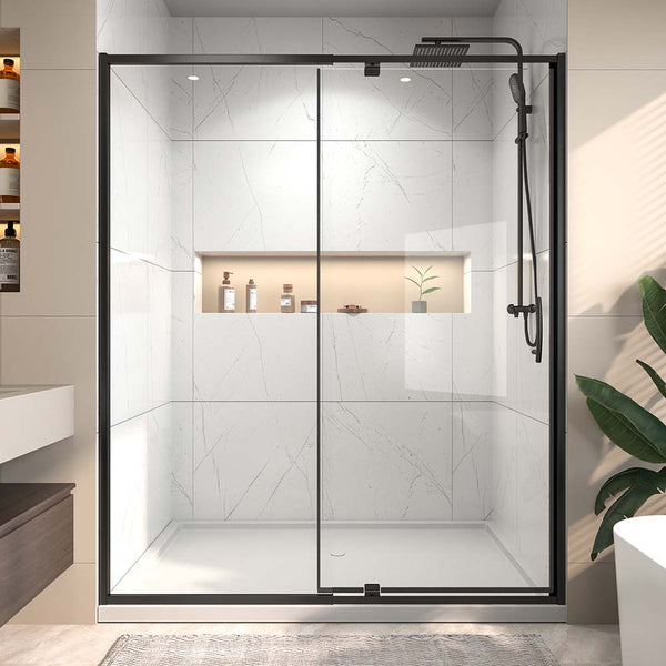 60 inch bathroom black shower door with niche