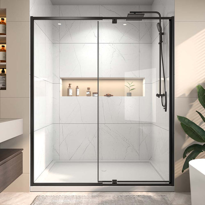 60 inch bathroom black shower door with niche