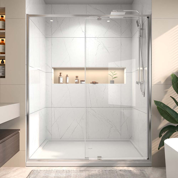 60 inch bathroom white shower door with niche