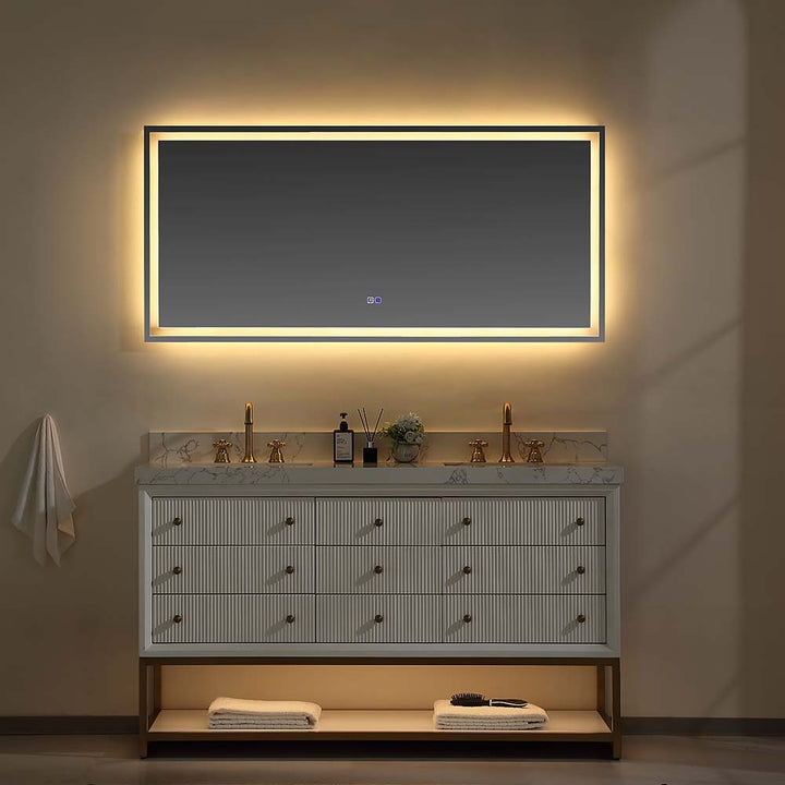 60 inch white modern bathroom vanity night front closed