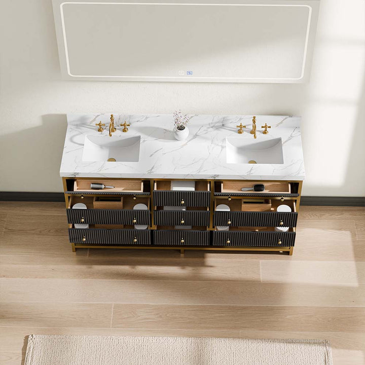 72 inch luxury rock slab double sink led mirror full drawer organization