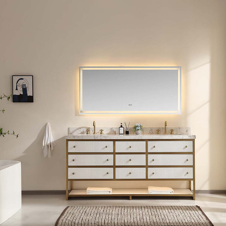 72in modern white gold double sink vanity mirror bathroom setting