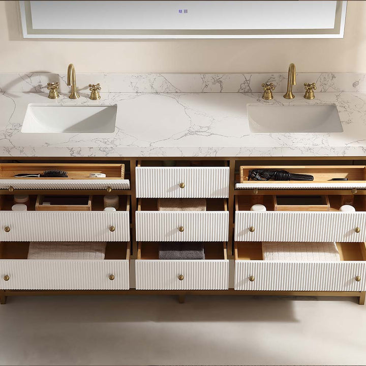 72in white luxury rock slab double sink led mirror full drawer organization