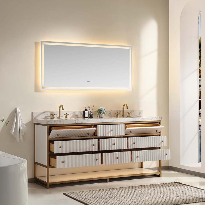 72in white vanity ceramic top backlit open drawers