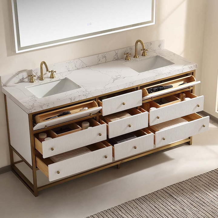 72in white vanity ceramic top backlit organized drawers