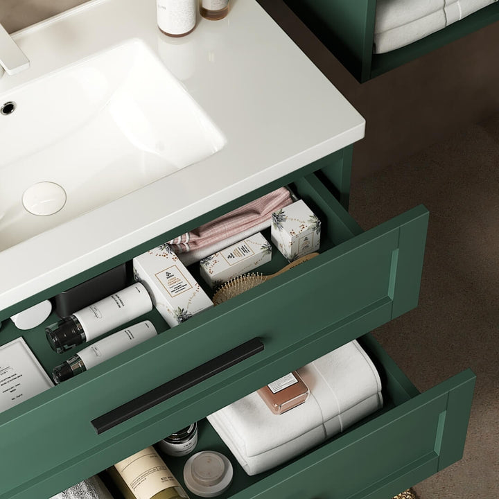 Green floating sink wooden vanity storage closed