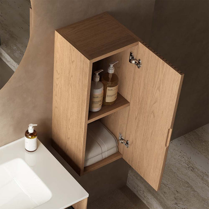 Open natural walnut bathroom cabinet detail