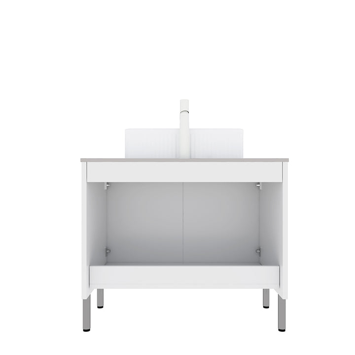 White minimalist floating bathroom vanity open drawer