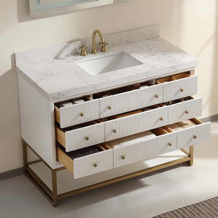 White vanity open drawer