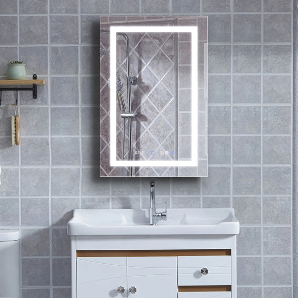 Modern bathroom featuring a backlit LED mirror cabinet mounted on a gray tiled wall
