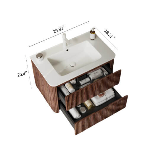 Sink with wooden cabinet, storage drawers, and dimensions.