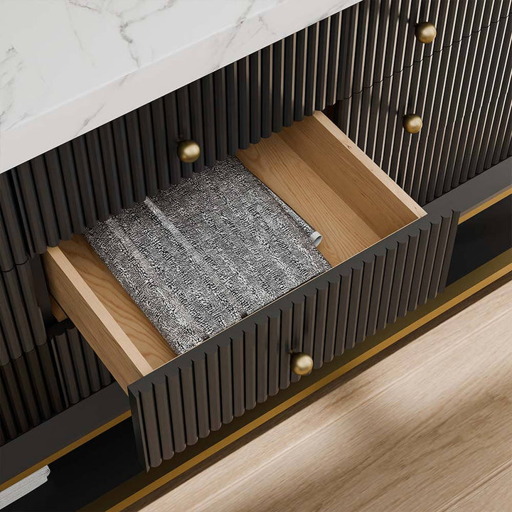 Black 72in vanity open cabinet drawers