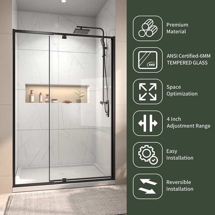 Black bathroom shower door with multiple features