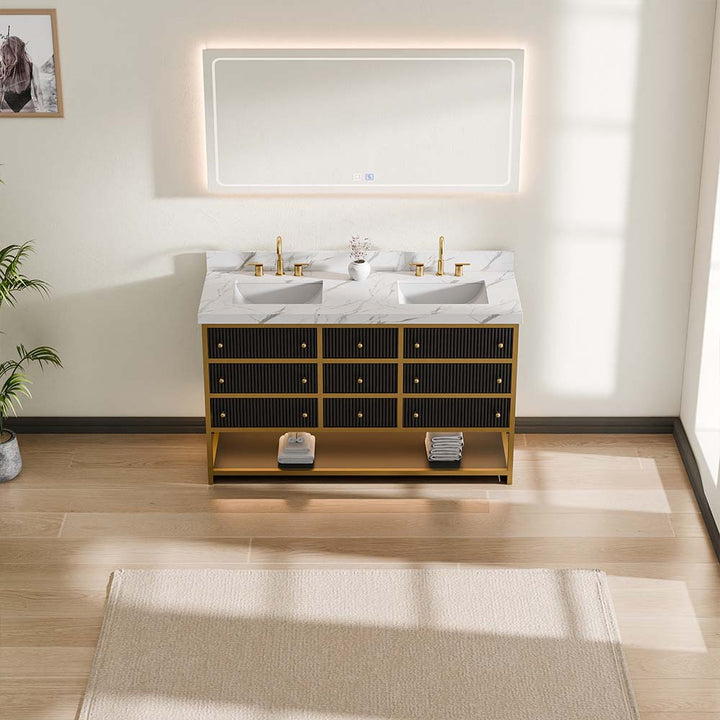 Black double basin floor standing vanity rock slab