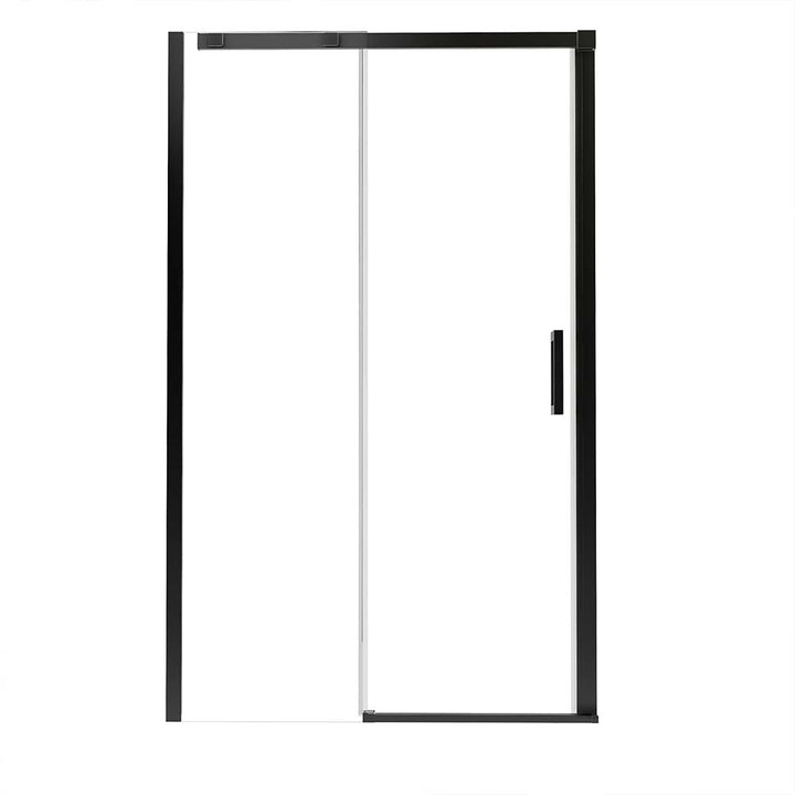 Black frameless sliding shower door, white background