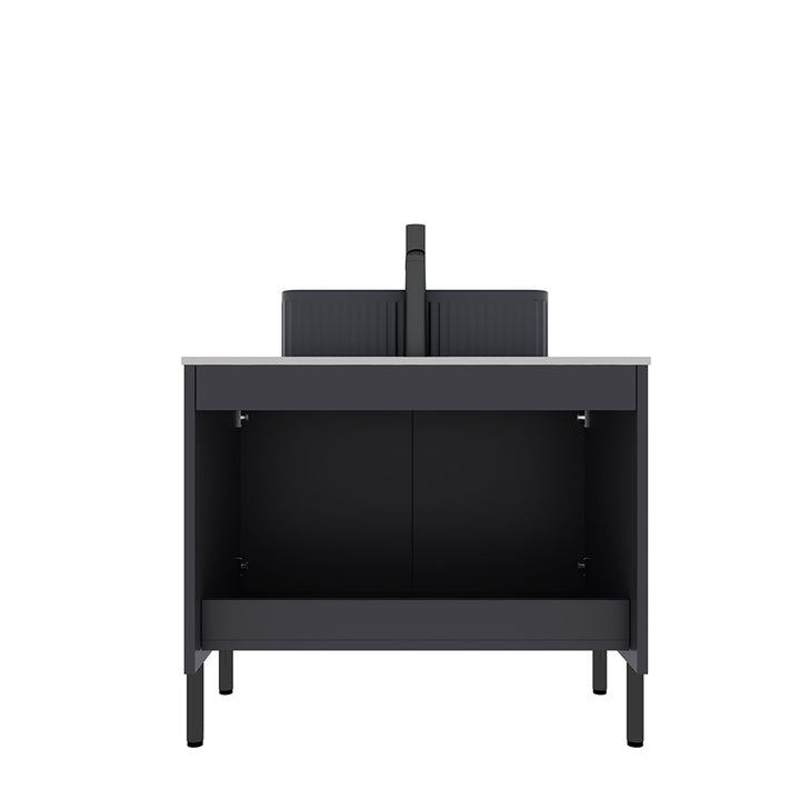 black minimalist floating bathroom vanity open drawer