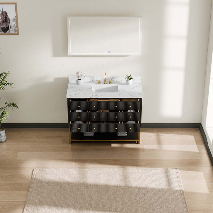 Black modern vanity open drawers view