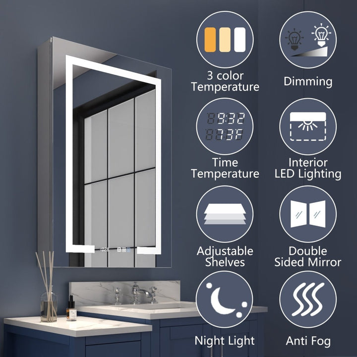 Boost-M2 24" W x 36" H LED Lighted Bathroom Medicine Cabinet with Mirror and Clock, Right Hinge - Modland