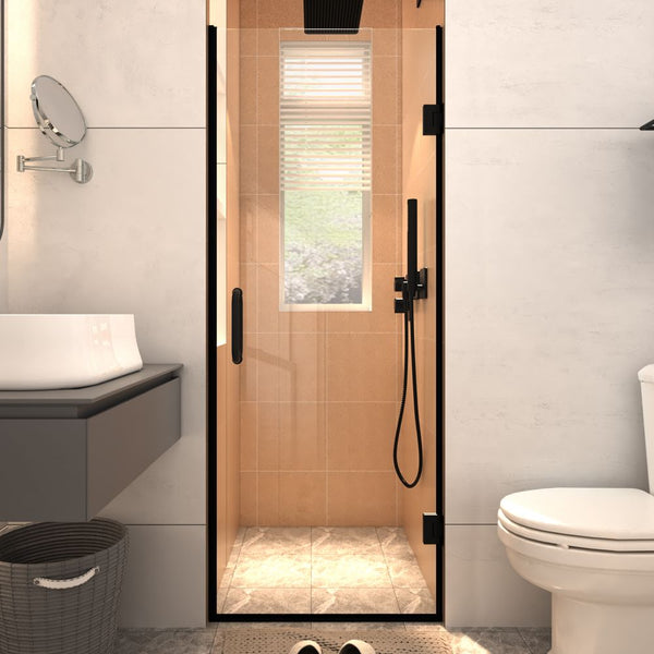 28" W x 72" H Semi-Frameless Hinged Shower Door Black with Clear Glass - Modland