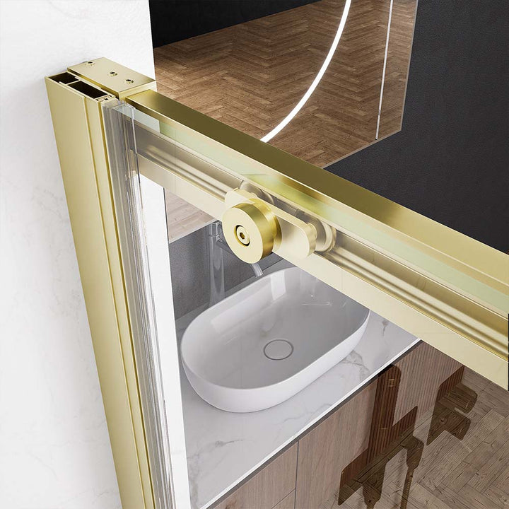 Close up gold shower door hardware