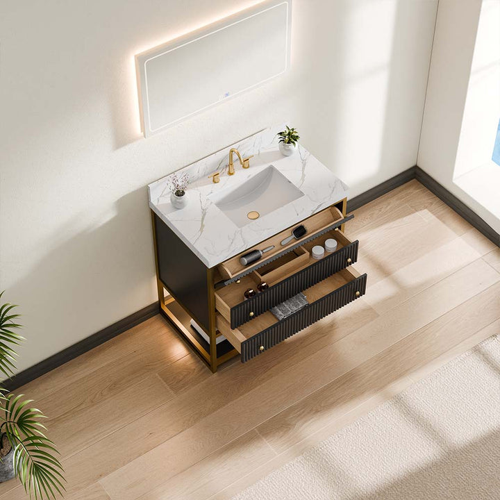 Contemporary vanity integrated ceramic basin open drawers