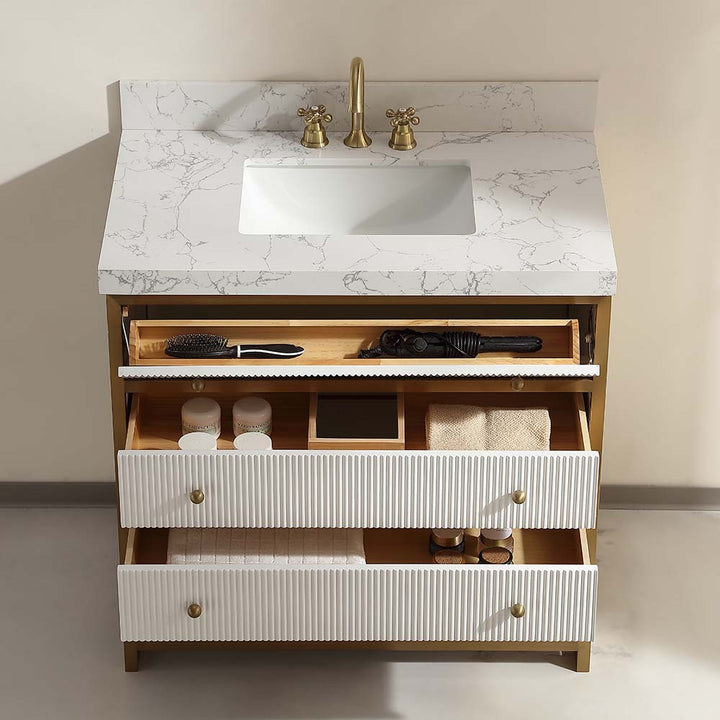 Contemporary white vanity integrated ceramic basin open drawers