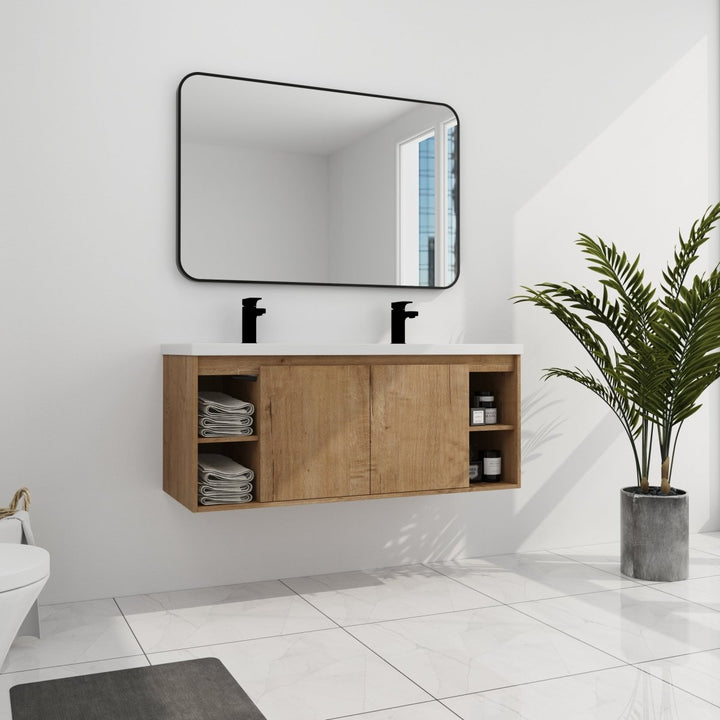 Double basin floating vanity mirror