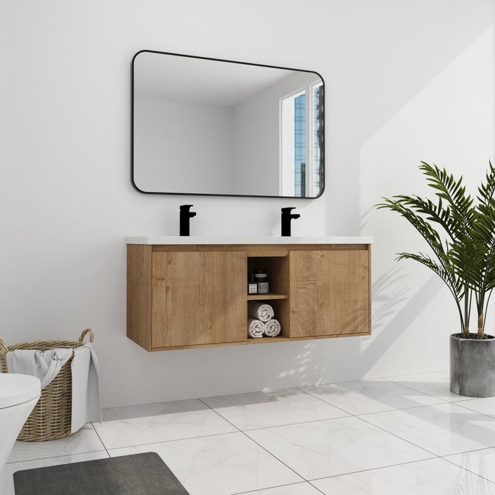 Dual basin wall mounted vanity storage mirror