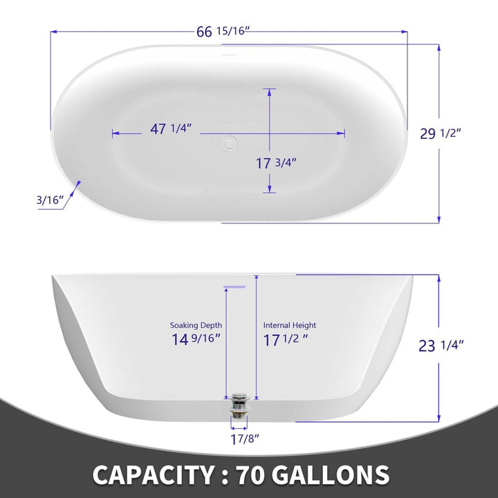 67"x29" Bathtub Acrylic Free Standing Tub Classic Oval Shape Soaking Tub - Modland