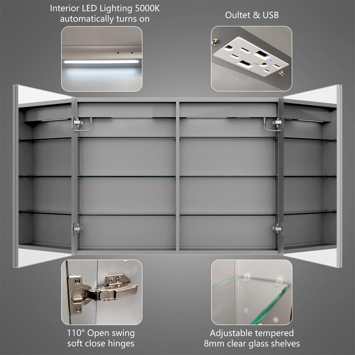 Rim 60" W x 30" H Led Lighted Medicine Cabinet Recessed or Surface with Mirrors and Clock - Modland