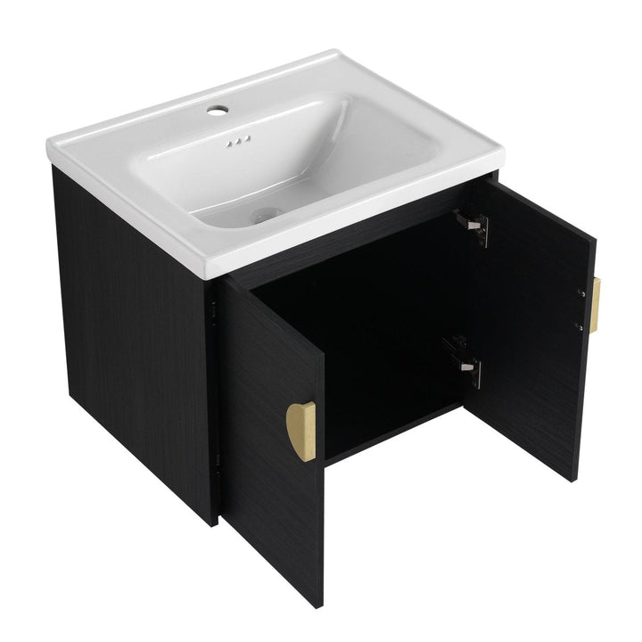 floating black chestnut bathroom vanity double door open